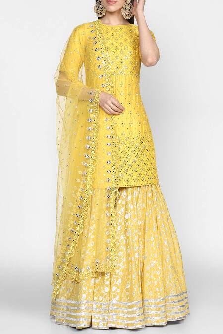 Buy_Abhinav Mishra_Yellow Chanderi Kurta Sharara Set_Online_at_Aza_Fashions