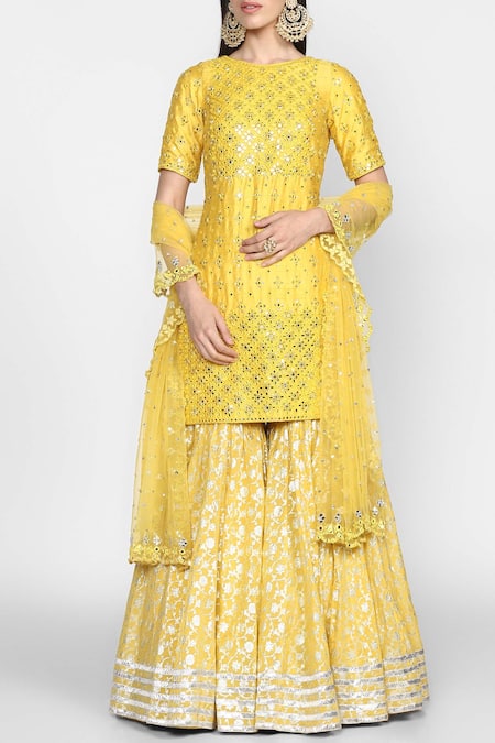 Abhinav Mishra Yellow Chanderi Kurta Sharara Set