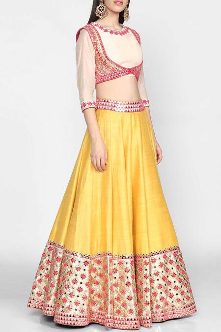 Abhinav Mishra_Yellow Raw Silk Chanderi Lehenga Set_Online_at_Aza_Fashions
