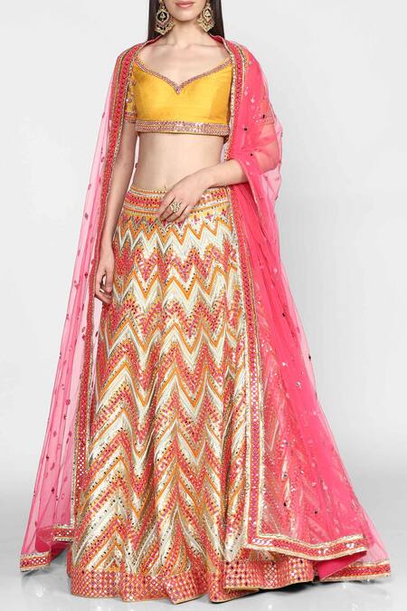 Buy_Abhinav Mishra_Yellow Raw Silk, Net Leaf Neck Embellished Lehenga Set_Online_at_Aza_Fashions