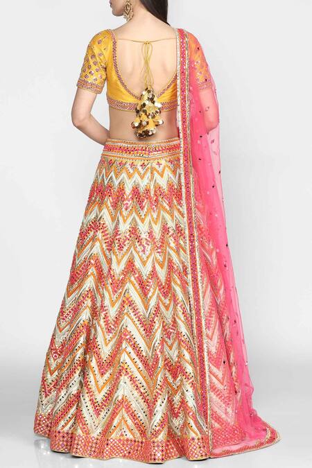 Shop_Abhinav Mishra_Yellow Raw Silk, Net Leaf Neck Embellished Lehenga Set_at_Aza_Fashions