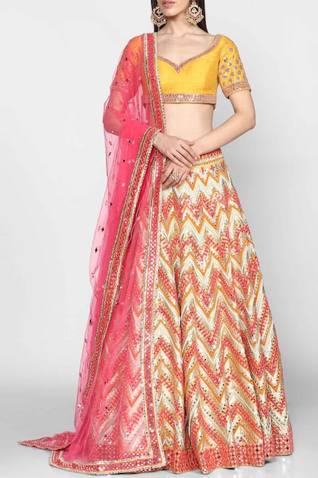 Abhinav Mishra Yellow Raw Silk Leaf Neck Embellished Lehenga Set 