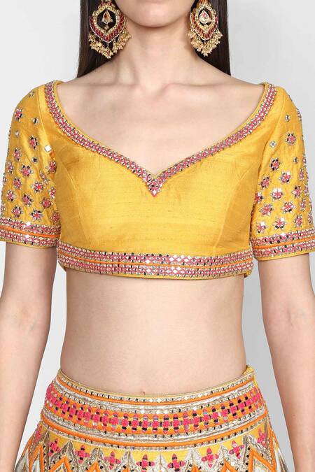 Shop_Abhinav Mishra_Yellow Raw Silk, Net Leaf Neck Embellished Lehenga Set_Online_at_Aza_Fashions
