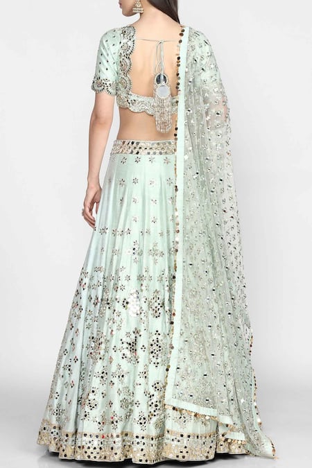 Shop_Abhinav Mishra_Blue Raw Silk, Net V Neck Embellished Lehenga Set _at_Aza_Fashions