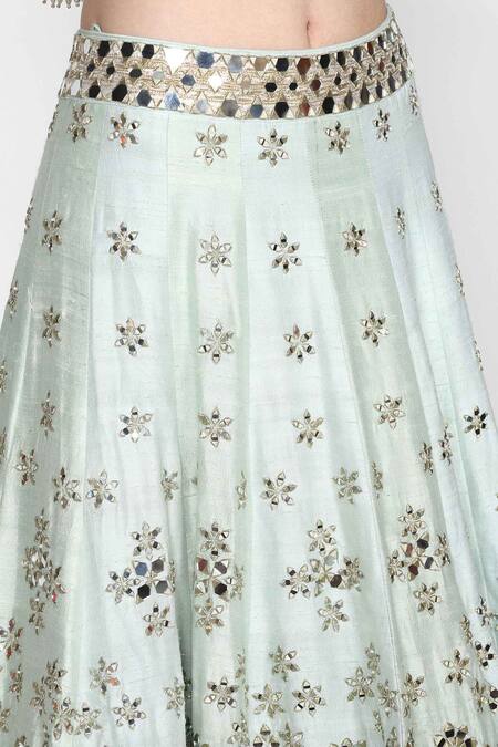 Shop_Abhinav Mishra_Blue Raw Silk, Net V Neck Embellished Lehenga Set _Online_at_Aza_Fashions