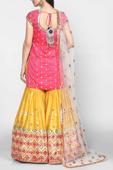Shop Abhinav Mishra Yellow Raw Silk Round Neck Embellished Kurta Sharara Set at Aza Fashions Shop_Abhinav Mishra_Yellow Raw Silk Round Neck Embellished Kurta Sharara Set_at_Aza_Fashions