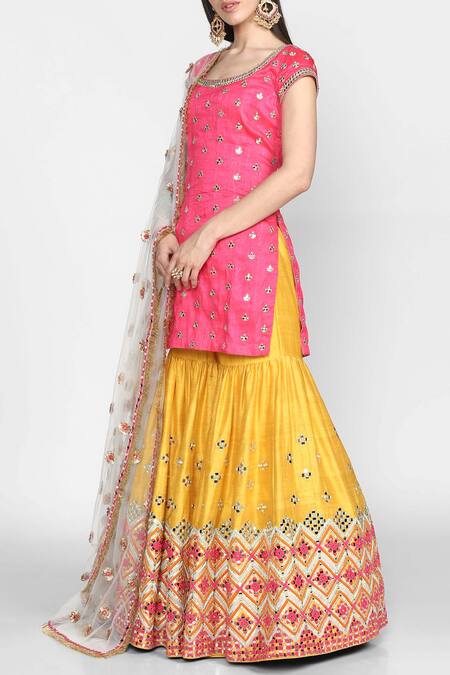 Abhinav Mishra Yellow Raw Silk Round Neck Embellished Kurta Sharara Set Online at Aza Fashions Abhinav Mishra_Yellow Raw Silk Round Neck Embellished Kurta Sharara Set_Online_at_Aza_Fashions