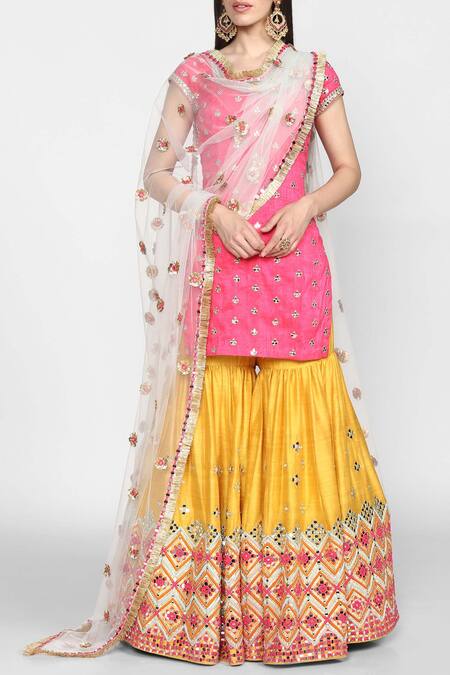 Buy Abhinav Mishra Yellow Raw Silk Round Neck Embellished Kurta Sharara Set Online at Aza Fashions Buy_Abhinav Mishra_Yellow Raw Silk Round Neck Embellished Kurta Sharara Set_Online_at_Aza_Fashions