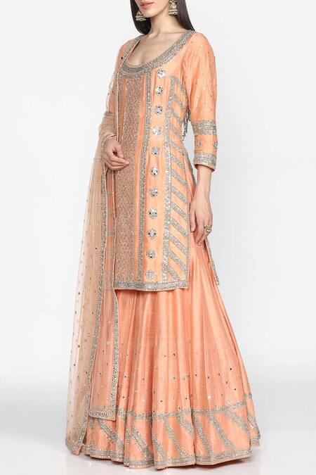 Abhinav Mishra_Peach Raw Silk, Net Round Neck Embellished Kurta Sharara Set_Online_at_Aza_Fashions