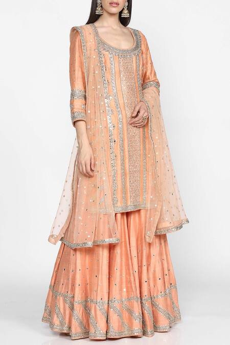 Buy_Abhinav Mishra_Peach Raw Silk, Net Round Neck Embellished Kurta Sharara Set_Online_at_Aza_Fashions