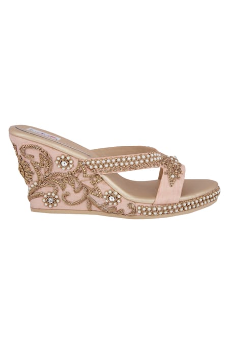 Shop_Fuchsia by aashaka mehta_Peach Embroidery Wedges _at_Aza_Fashions
