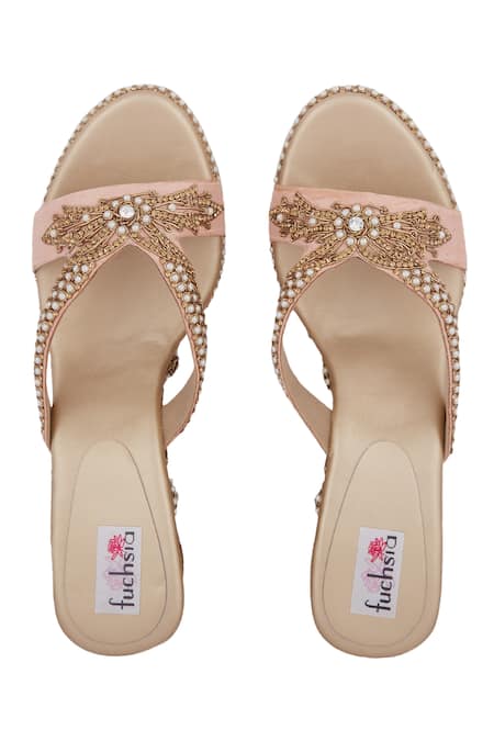 Fuchsia by aashaka mehta_Peach Embroidery Wedges _Online_at_Aza_Fashions