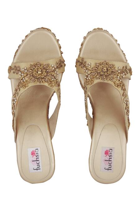 Fuchsia by aashaka mehta Gold Embroidery Wedges Online at Aza Fashions Fuchsia by aashaka mehta_Gold Embroidery Wedges _Online_at_Aza_Fashions