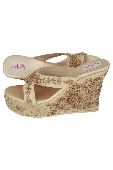 Buy Fuchsia by aashaka mehta Gold Embroidery Wedges Online at Aza Fashions Buy_Fuchsia by aashaka mehta_Gold Embroidery Wedges _Online_at_Aza_Fashions