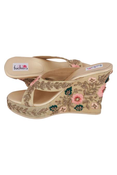Buy Fuchsia by aashaka mehta Gold Embroidery Wedges Online at Aza Fashions Buy_Fuchsia by aashaka mehta_Gold Embroidery Wedges _Online_at_Aza_Fashions