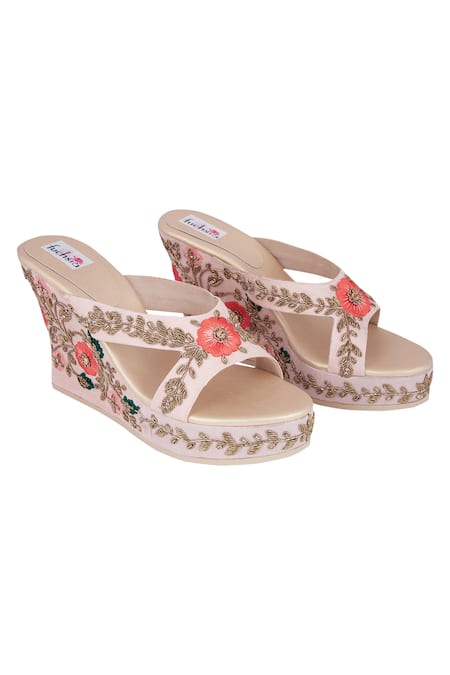 Fuchsia Peach Zardozi Embroidered Wedges 