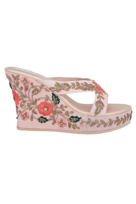 Shop_Fuchsia by aashaka mehta_Peach Zari, Embroidery Wedges _at_Aza_Fashions