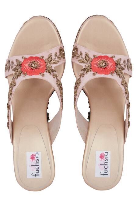 Fuchsia by aashaka mehta_Peach Zari, Embroidery Wedges _Online_at_Aza_Fashions