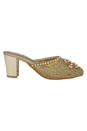 Shop Fuchsia by aashaka mehta Gold Bead Embroidery Heels at Aza Fashions Shop_Fuchsia by aashaka mehta_Gold Bead Embroidery Heels_at_Aza_Fashions