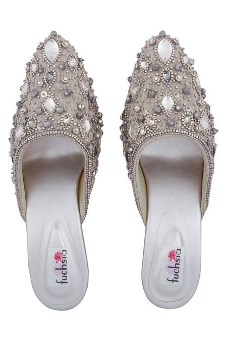 Fuchsia by aashaka mehta_Grey Satin Embroidered Closed Toe Heels_Online_at_Aza_Fashions