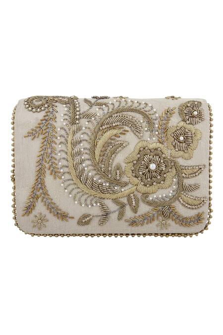 Fuchsia by aashaka mehta_Gold Beads, Zari Embroidered Clutch _Online_at_Aza_Fashions