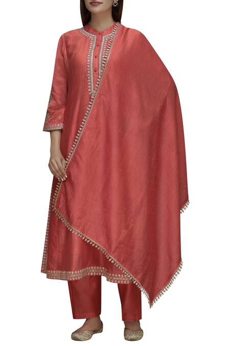 Surendri_Red Chanderi Band Collar Kurta Set_Online_at_Aza_Fashions