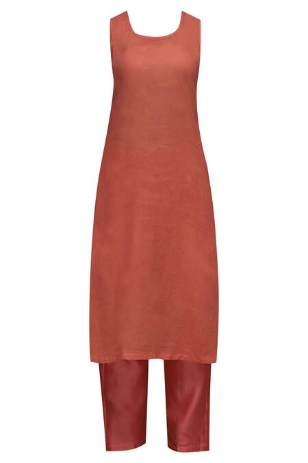 Buy_Surendri_Red Chanderi Band Collar Kurta Set_Online_at_Aza_Fashions