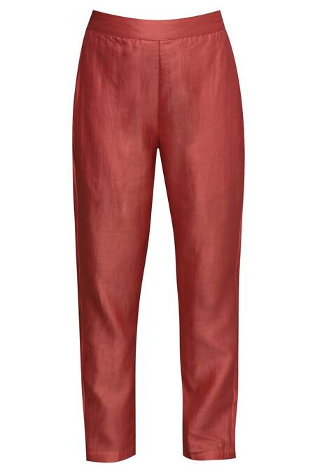 Shop_Surendri_Red Chanderi Band Collar Kurta Set_Online_at_Aza_Fashions