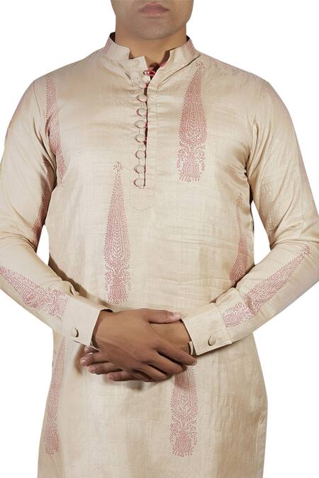 Gaurav Katta Beige Tusser Silk Printed Kurta Online at Aza Fashions Gaurav Katta_Beige Tusser Silk Printed Kurta _Online_at_Aza_Fashions