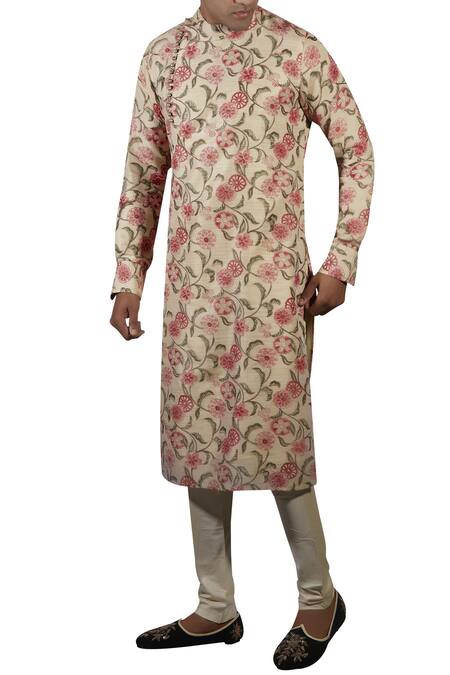 Shop Gaurav Katta Beige Cotton Silk Block Print Kurta at Aza Fashions Shop_Gaurav Katta_Beige Cotton Silk Block Print Kurta_at_Aza_Fashions