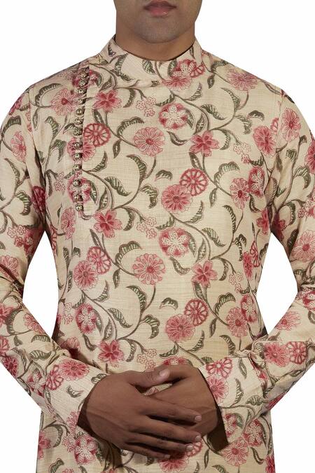 Gaurav Katta Beige Cotton Silk Block Print Kurta Online at Aza Fashions Gaurav Katta_Beige Cotton Silk Block Print Kurta_Online_at_Aza_Fashions