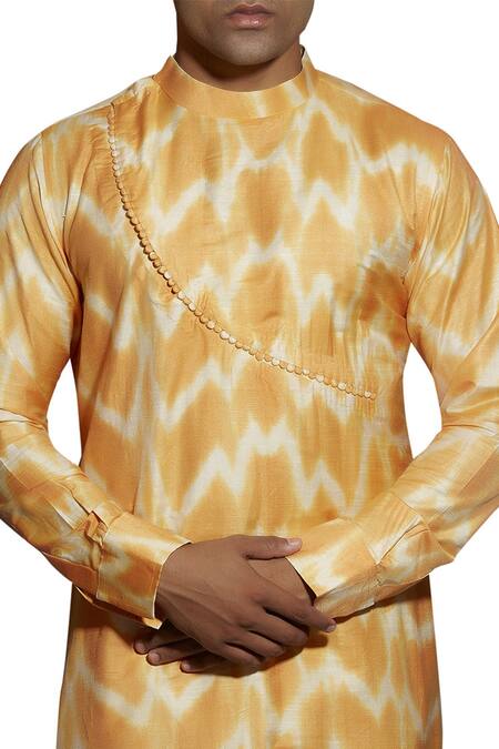 Gaurav Katta_Yellow Bhagalpuri Silk Overlap Kurta _Online_at_Aza_Fashions