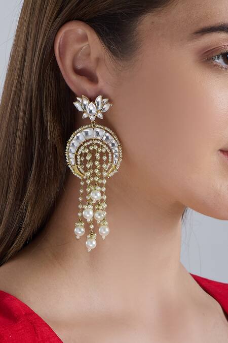 Shop Auraa Trends Gold Plated Kundan, Bead Crystal Earrings at Aza Fashions Shop_Auraa Trends_Gold Plated Kundan, Bead Crystal Earrings_at_Aza_Fashions
