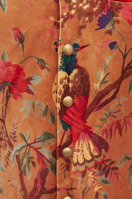 Gaurav Katta_Orange Cotton Velvet Printed Sherwani _Online_at_Aza_Fashions