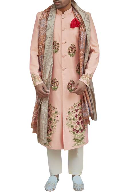 Buy_Gaurav Katta_Pink Raw Silk Embroidered Sherwani_Online_at_Aza_Fashions