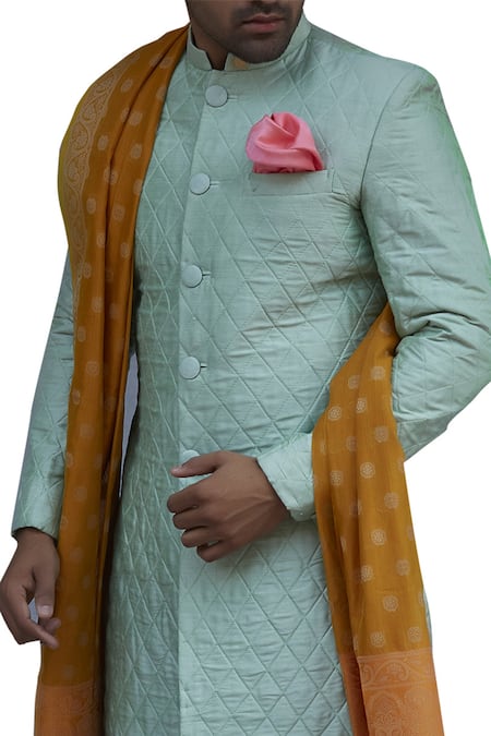 Shop Gaurav Katta Blue Silk Quilted Sherwani at Aza Fashions Shop_Gaurav Katta_Blue Silk Quilted Sherwani_at_Aza_Fashions
