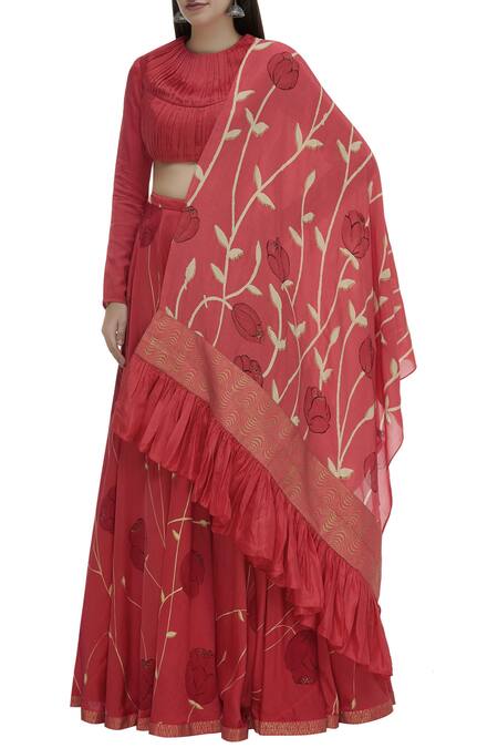 Buy_Vedika M_Red Round Printed Lehenga Set_Online_at_Aza_Fashions