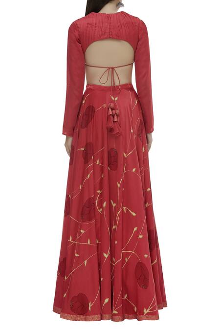 Shop_Vedika M_Red Round Printed Lehenga Set_at_Aza_Fashions