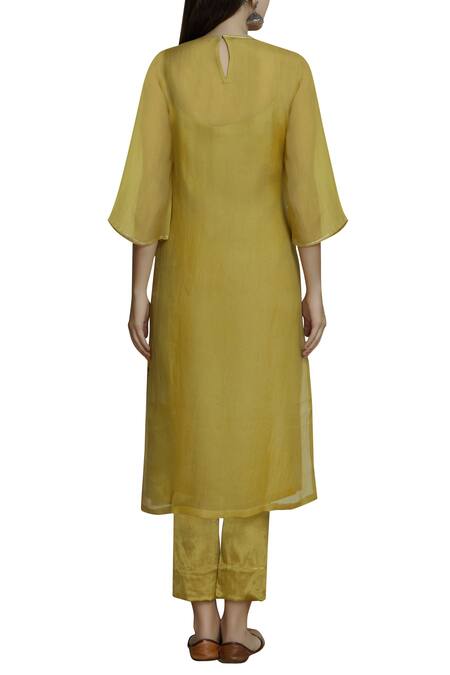 Shop Dnu Priyal Prakash Yellow Cotton Satin Lycra Embellished Kurta Set at Aza Fashions Shop_Dnu Priyal Prakash_Yellow Cotton Satin Lycra Embellished Kurta Set_at_Aza_Fashions