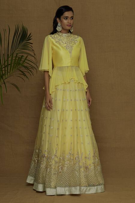 Ariyana by Aza_Yellow Blouse Organza Lehenga Dupion High Neck Embroidered Set _Online_at_Aza_Fashions