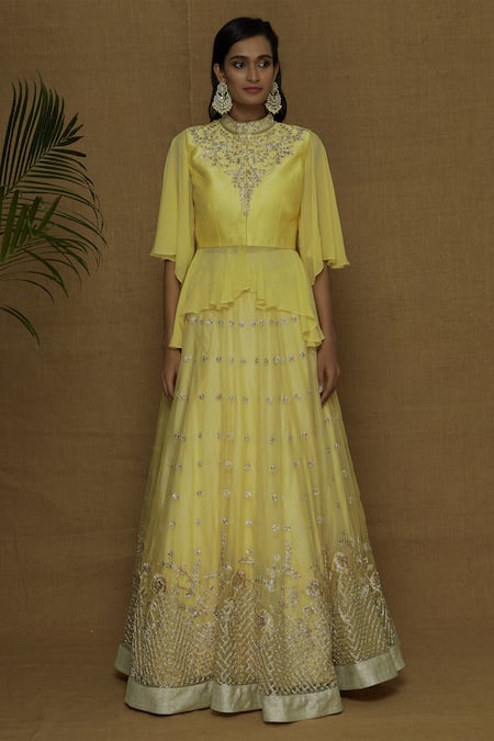 Buy_Ariyana by Aza_Yellow Blouse Organza Lehenga Dupion High Neck Embroidered Set _Online_at_Aza_Fashions