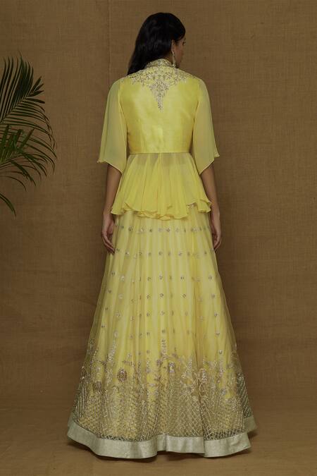 Shop_Ariyana by Aza_Yellow Blouse Organza Lehenga Dupion High Neck Embroidered Set _at_Aza_Fashions