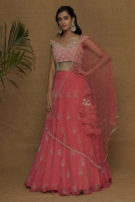 Aariyana Couture_Coral Bamboo, Georgette, Net Pearls, Cut Work, Embellished Lehenga Set_Online_at_Aza_Fashions