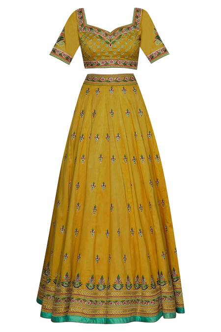 Shop_Aariyana Couture_Yellow Silk, Bamboo, Net Tassels, Embroidery Square Neck Bridal Lehenga Set_Online_at_Aza_Fashions
