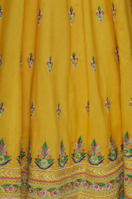 Aariyana Couture_Yellow Silk, Bamboo, Net Tassels, Embroidery Square Neck Bridal Lehenga Set_at_Aza_Fashions