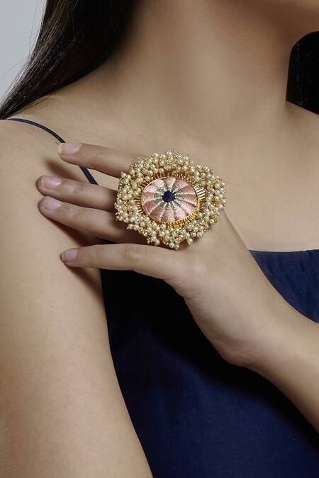 Bauble Bazaar_Gold Plated Pearl Circular Bead Ring_Online_at_Aza_Fashions