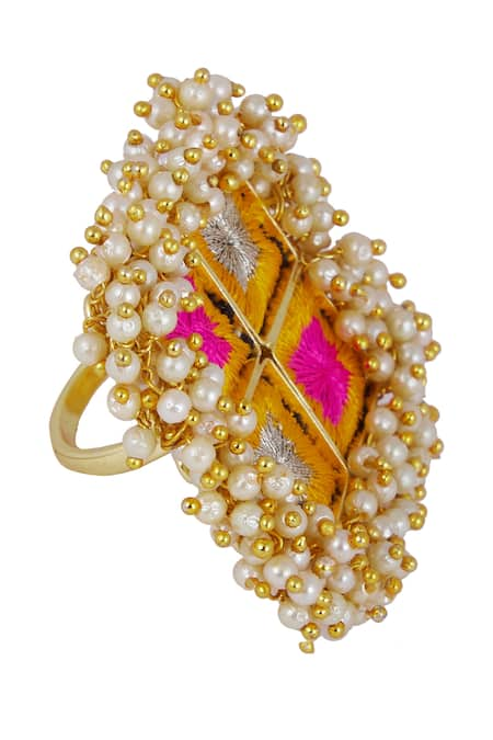 BAUBLE BAZAAR Gold Plated Pearl Geometric Bead Ring