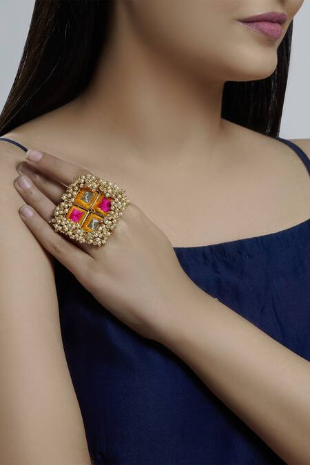 Shop Bauble Bazaar Gold Plated Pearl Geometric Bead Ring at Aza Fashions Shop_Bauble Bazaar_Gold Plated Pearl Geometric Bead Ring_at_Aza_Fashions