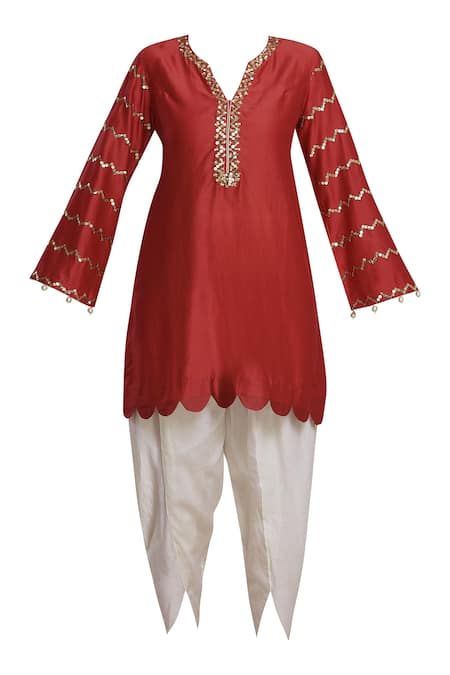 Buy_Seema Nanda_Red Chanderi Silk Notched Kurta Dhoti Pant Set _Online_at_Aza_Fashions