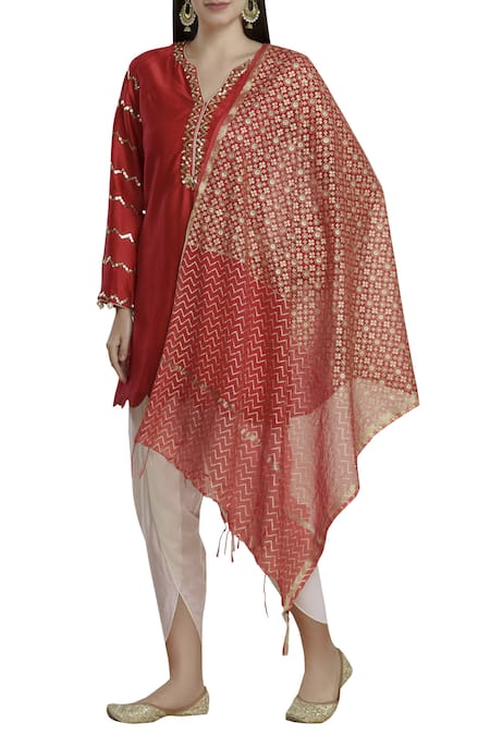 Seema Nanda_Red Chanderi Silk Notched Kurta Dhoti Pant Set _Online_at_Aza_Fashions
